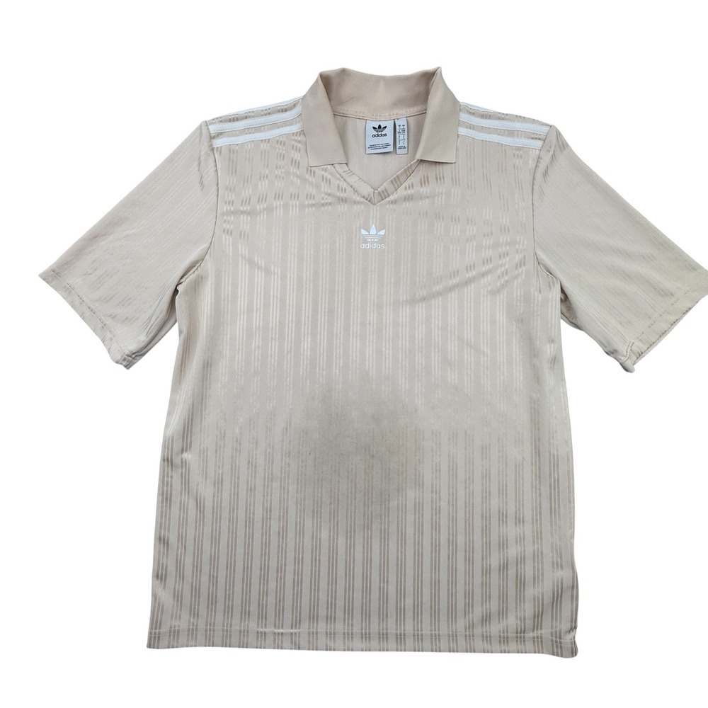 Adidas Jersey Shirt Mens Large Beige V-Neck Short Sleeve Striped Trefoil Logo
